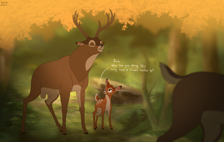 2023 animal_genitalia antlers aroused autumn balls bambi bambi_(character) bambi_(film) brown_body brown_fur cervine cervine_genitalia closed_eyes deer digital_drawing_(artwork) digital_media_(artwork) disney ears_back ears_up fawn_spots female feral flehmen_response forest forest_background fur genitals hi_res horn lemon_testicles male mammal mena_(bambi) mule_deer nature nature_background new_world_deer nude pivoted_ears plant reinderworld rutting tan_body tan_fur text the_great_prince_of_the_forest tree walking walking_away young young_male