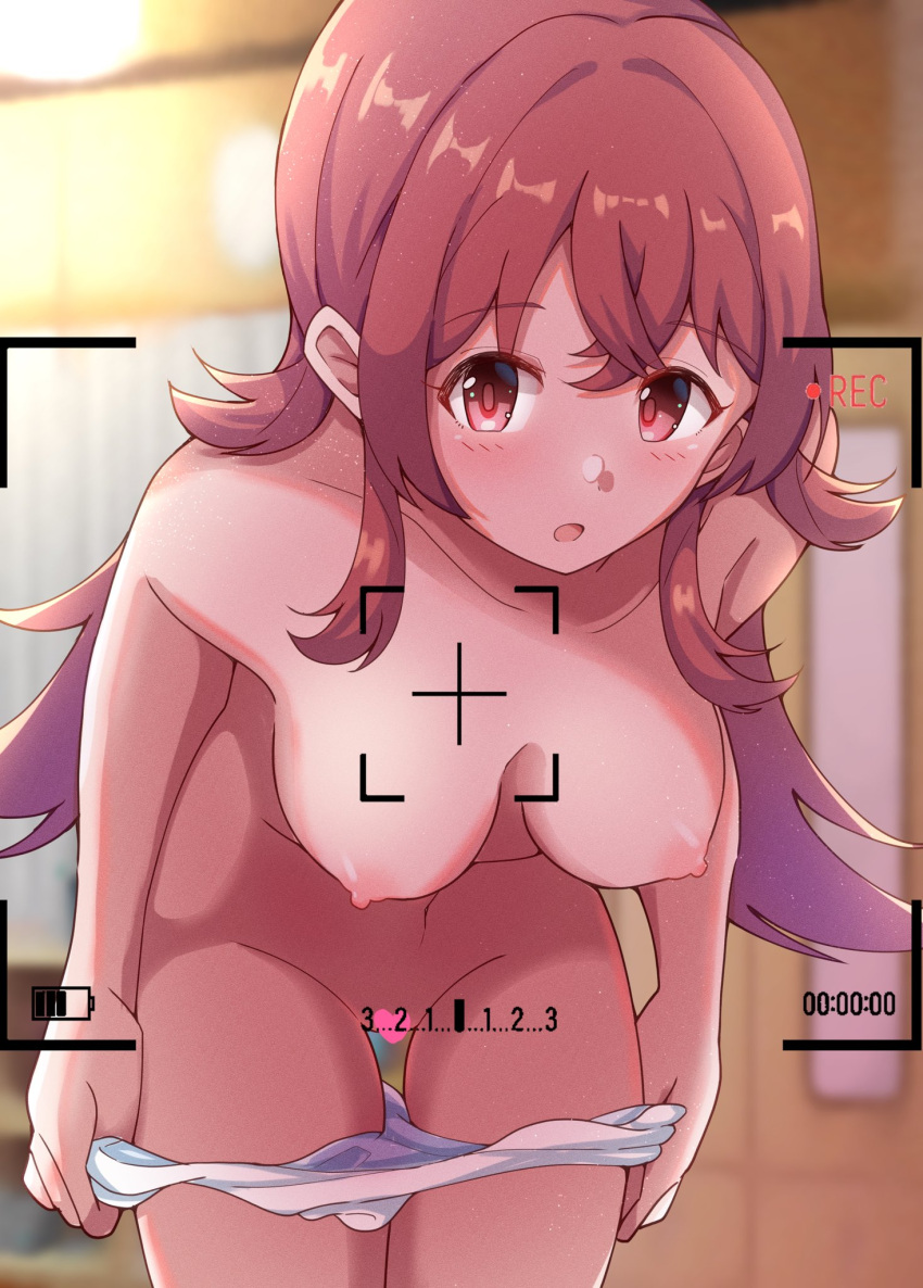 :o battery_indicator blue_panties blurry blush breasts censored changing_room collarbone commentary completely_nude female ginmugi groin hair_between_eyes hair_flaps heart_censor hidden_camera highres idolmaster idolmaster_shiny_colors indoors komiya_kaho long_hair looking_at_viewer medium_breasts nipples nude panties pussy recording red_eyes red_hair sidelocks solo striped striped_panties symbol-only_commentary thighs underwear