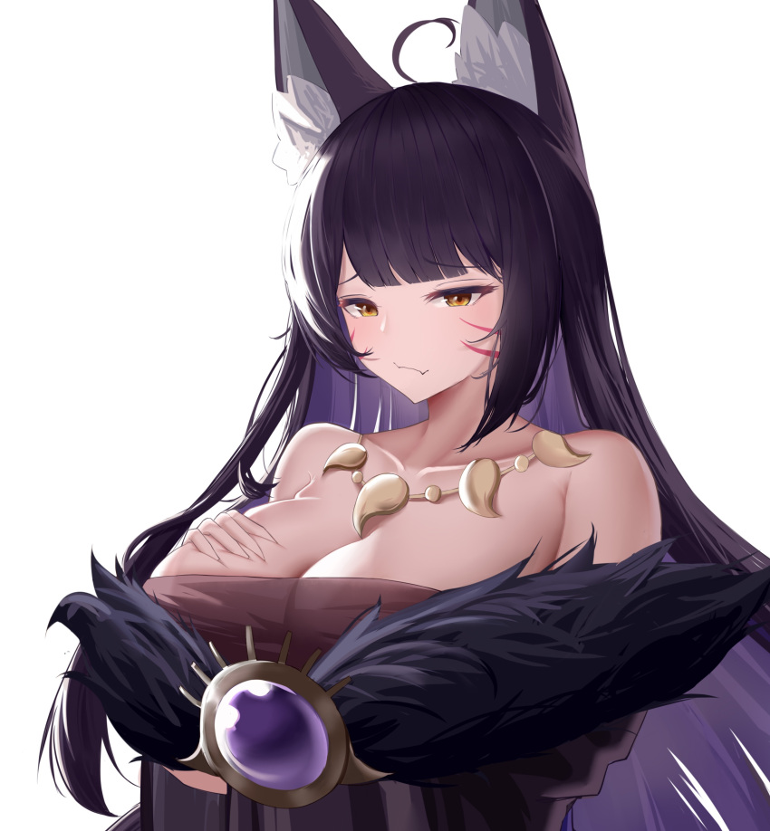 1girls 2023 ahoge animal_ears azur_lane bare_shoulders black_hair breasts collarbone fangs female female_focus female_only fox_ears fox_girl hi_res kemonomimi lahz52 large_breasts light-skinned_female light_skin looking_at_viewer musashi_(azur_lane) necklace no_sex orange_eyes sakura_empire_(azur_lane) seductive seductive_look simple_background smile solo upper_body