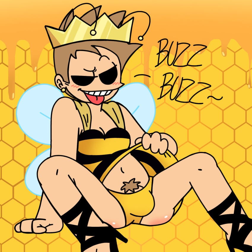 1boy bee black_and_yellow black_and_yellow_clothing bulge bulge_in_panties bulge_through_clothing crossdressing crown drag_queen eddsworld femboy gay heels hexagon hexagon_background high_heels honey honey_(food) justsomedude legs_apart legs_spread lifting_dress lifting_skirt looking_at_viewer male male_only panties pubes pubic_hair queen_bee smile smiling smiling_at_viewer solo sticking_out_tongue talking_to_viewer text tom_(eddsworld) tongue tongue_out white_text yellow_background yellow_panties