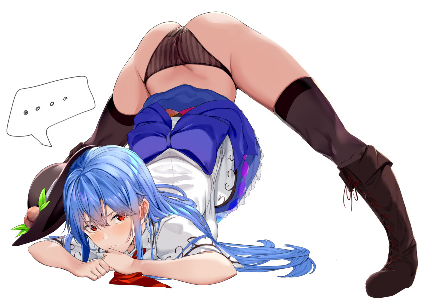 ... absurdres ass blue_hair blush boots butt_crack embarrassed female hat hat_removed headwear_removed highres hinanawi_tenshi jack-o'_challenge long_hair looking_at_viewer neropaso panties red_eyes shiny_skin skirt skirt_flip solo tenshi_hinanawi touhou underwear