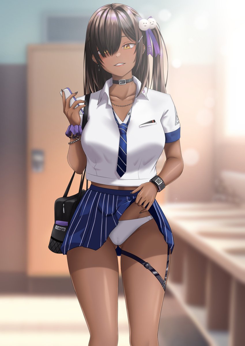 1girls 2d accessory ass_visible_through_thighs bag black_hair blue_skirt blurry_background bracelet breasts cellphone character_name choker collarbone cowboy_shot dark-skinned_female dark_skin female goddess_of_victory:_nikke grin gyaru hair_ornament hair_over_one_eye headwear hi_res holding large_breasts lifted_by_self naga_(nikke) nail_polish necktie panties pleated_skirt ramiki restroom school_uniform side_ponytail skirt_lift smile teeth thigh_strap underwear white_panties white_shirt yellow_eyes