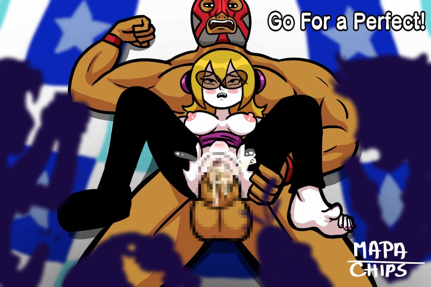 1boy 1girls censored censored_pussy cum_inside exibitionism impregnation mapachips mc_adore partially_clothed patreon_reward rhythm_heaven sex small_breasts wrestler_(rhythm_heaven)