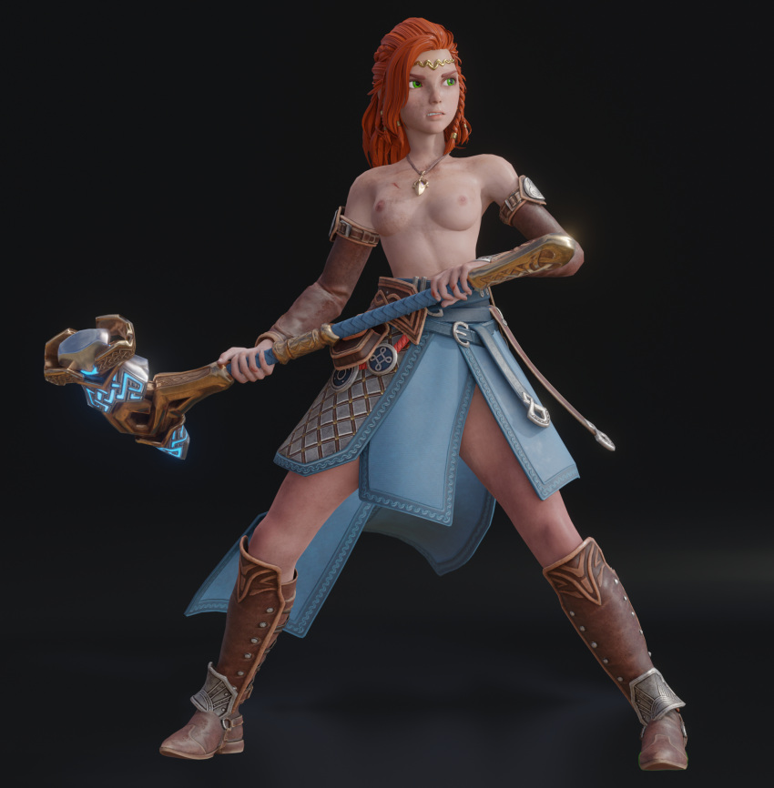 3d angry_face asterigos:_curse_of_the_stars blue_skirt casual_topless d00m92 dirty_skin female female_only female_warrior ginger green_eyes hilda_(asterigos) light_skinned_female nipples nonsexual_nudity red_hair skirt topless topless_female