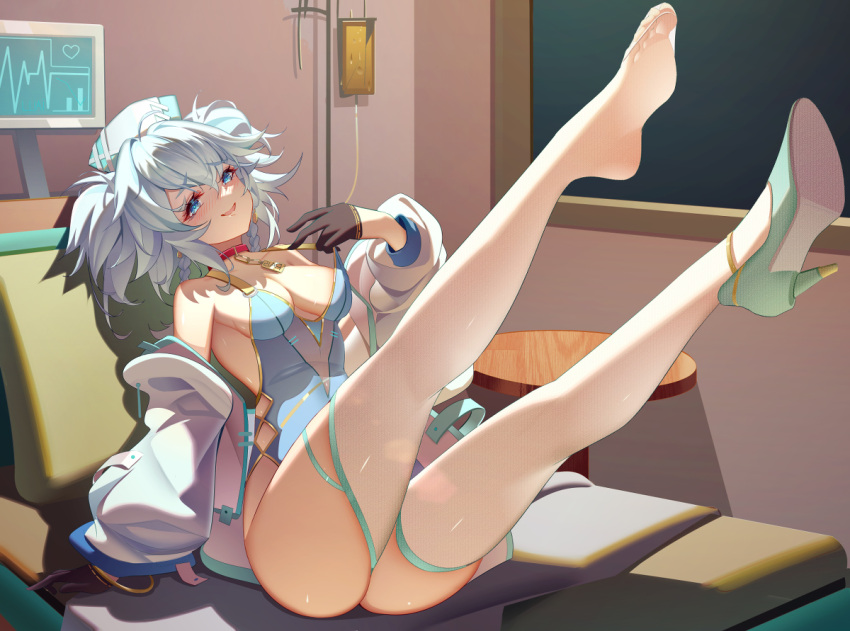 1girls 2d 2d_(artwork) arms ass ass bare_shoulders blue_eyes blue_hair breasts breasts breasts choker clothed clothing covered_breasts covered_nipples digital_drawing_(artwork) feet female female_focus female_only fingers front_view girls'_frontline gloves hair hands high_heels hips image jacket legs legs_apart legs_up legwear light_skin looking_at_viewer luai nurse_cap open_eyes open_mouth pa-15_(girls'_frontline) shiny_skin short_hair shoulders sitting smile soles stockings thighs thin_waist toes waist