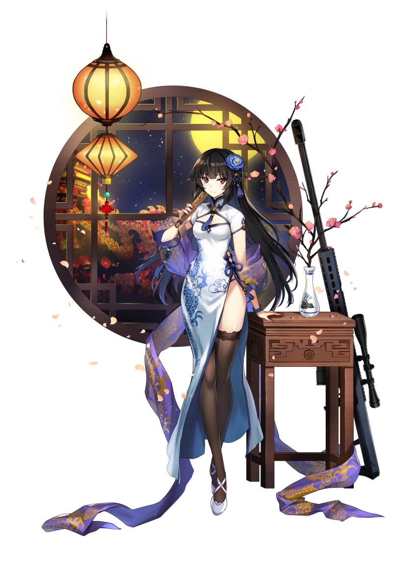 absurdres anti-materiel_rifle barrett_m82 black_hair black_panties black_thighhighs bracelet breasts china_dress chinese_clothes closed_mouth counter:side crossed_ankles dress female flower folded_fan folding_fan full_body gun hair_flower hair_ornament hand_fan highres huge_filesize jewelry lantern long_dress long_hair nail_polish night official_alternate_costume official_art panties paper_lantern petals pink_nails red_eyes rifle side_slit sidelocks small_breasts smile sniper_rifle solo thighhighs transparent_background underwear weapon white_dress xiao_lin_(counter:side)