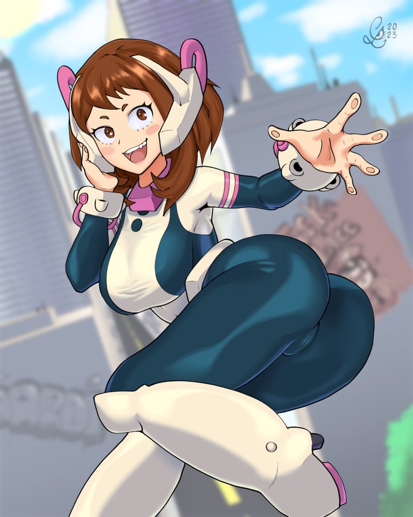 alternate_breast_size background big_ass boots brown_eyes brown_hair detailed_background glasc hair_ornament hero_outfit_(mha) my_hero_academia ochako_uraraka thick_ass thick_thighs thighs