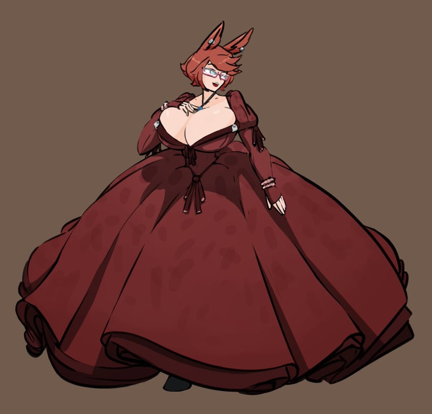 2d ball_gown big_breasts bursting_breasts cleavage dress final_fantasy final_fantasy_xiv glasses jakearmorsmith miqo'te red_hair s’erkai_destland