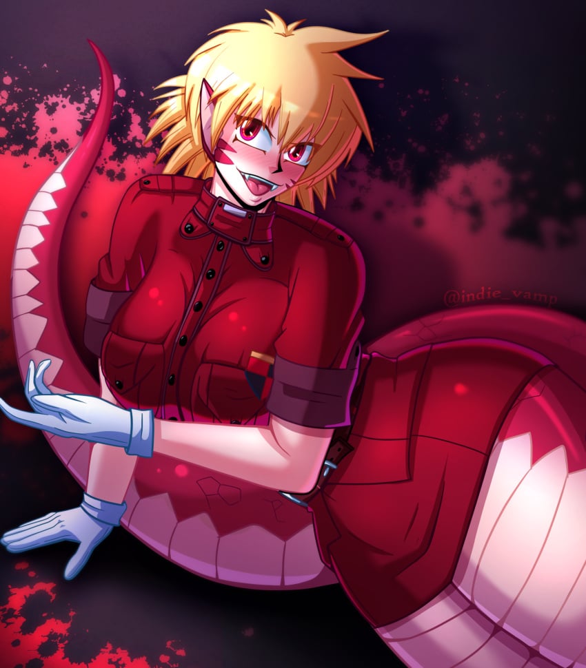 alternate_version_available big_breasts blonde_hair blush clothed fangs hellsing hellsing_ultimate indie_vamp indievamp lamia military_uniform miniskirt naga red_eyes seras_victoria snake_girl wide_hips