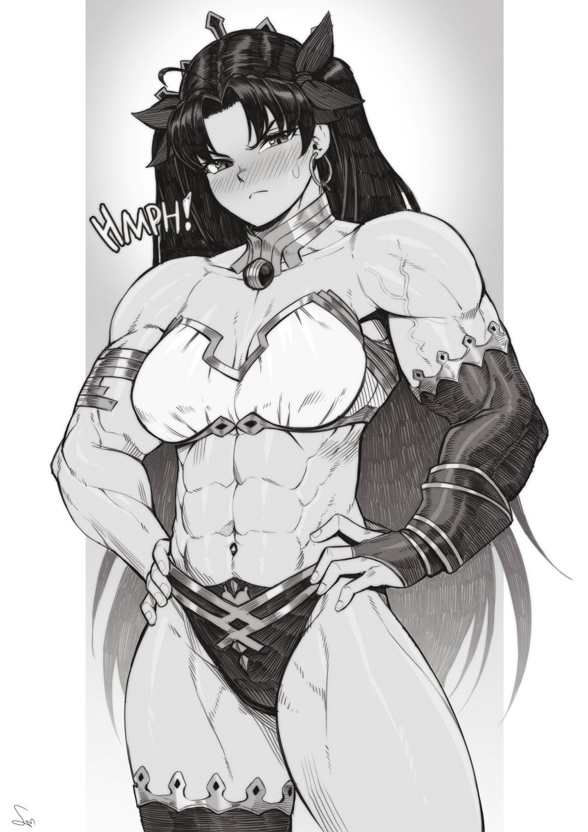 1girls abs absurd_res biceps black_hair blush blushing_at_viewer breasts earrings fate_(series) glaring glaring_at_viewer greyscale hands_on_hips hi_res hmph ishtar_(fate) light-skinned_female light_skin monochrome muscular muscular_female navel signature simple_background speedl00ver thick_thighs thighs veins