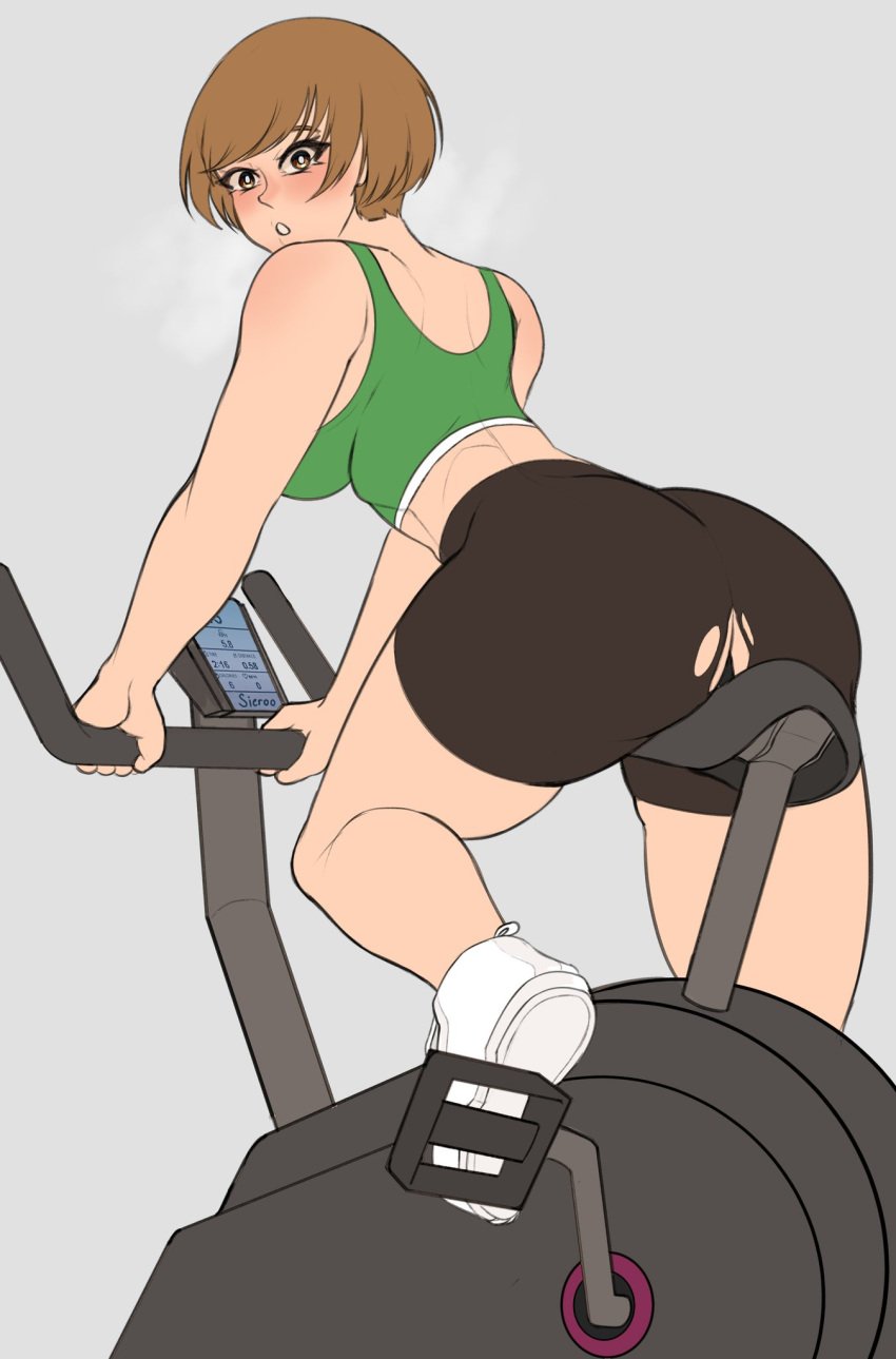 2d ass_focus atlus bicycle bike_shorts clothing exercise_bike female footwear human pale_skin persona persona_4 satonaka_chie sieroo sports_bra sportswear torn_clothes torn_pants