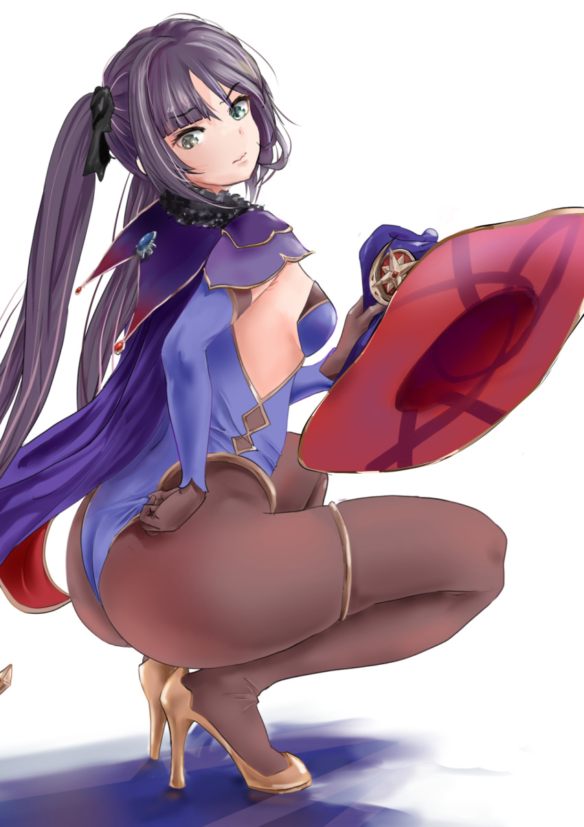 1girls adjusting_leotard artist_request ass big_ass black_eyes breasts clothing female female_only footwear genshin_impact hair hair_ornament hat heels high_heels huge_ass leggings legs legwear leotard leotard_pull mona_(genshin_impact) purple_hair sideboob solo solo_female squatting thighs tight_clothing tight_fit tight_leotard twintails wedgie witch_hat