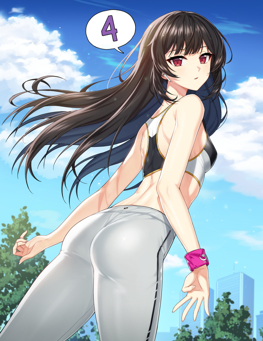 absurdres ass back bare_shoulders black_hair breasts building cloud cloudy_sky counter:side crescent female floating_hair from_behind grey_pants highres leaning_forward long_hair looking_at_viewer looking_back medium_breasts numbered official_art outdoors pants parted_lips purple_wristband red_eyes shoulder_blades sidelocks sky skyscraper solo speech_bubble sports_bra sportswear track_pants tree wireless_earphones xiao_lin_(counter:side)