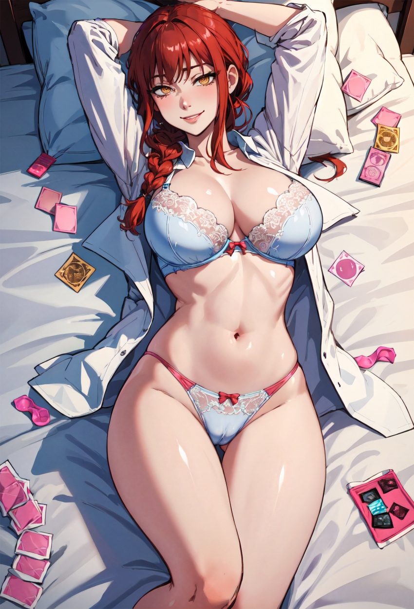 ai_generated bed bedroom big_breasts bra chainsaw_man condom_wrapper laying_down laying_on_bed lingerie lxlbanner makima_(chainsaw_man) red_hair yellow_eyes