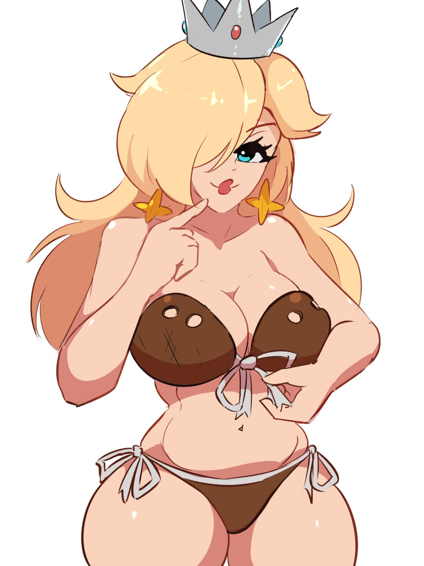 1girls 2d big_breasts big_thighs bikini blue_eyes breasts c_starlett cleavage coconut_bra crown curvy earrings female female_only hair_over_one_eye light-skinned_female light_skin lips lipstick long_hair looking_at_viewer mario_(series) nintendo platinum_blonde_hair princess_rosalina solo star_earrings starlett_animations string_bikini string_panties thick thick_hips thick_thighs thighs white_background wide_hips