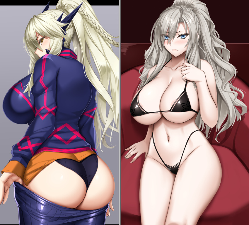 2girls akitsuki_karasu artoria_pendragon_(fate) artoria_pendragon_(lancer_alter) artoria_pendragon_(lancer_alter)_(fate) artoria_pendragon_(lancer_alter)_(traveling_outfit)_(fate) ass bikini black_bikini blonde_hair blue_eyes blush breasts chair cleavage closed_mouth clothes_pull commission eyes_visible_through_hair fate/grand_order fate_(series) frown grey_background grey_hair hair_between_eyes highres horns indoors jacket kriemhild_(fate) large_breasts long_hair looking_at_viewer looking_back mole mole_under_eye multiple_girls navel pants pants_pull ponytail sitting skeb_commission swimsuit underwear yellow_eyes