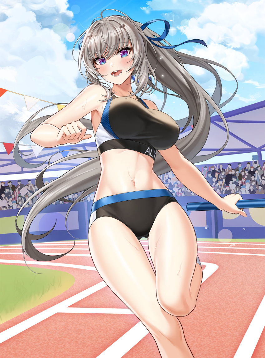 :d absurdres armpits audience bare_arms bare_shoulders black_buruma blue_eyes breasts buruma controlline3 counter:side crop_top day female floating_hair grey_hair hair_ornament hair_ribbon highres large_breasts leg_up long_hair looking_at_viewer midriff navel open_mouth outdoors ponytail ribbon running seo_yoon sleeveless smile solo sports_bra stomach sweat thighs track_and_field very_long_hair