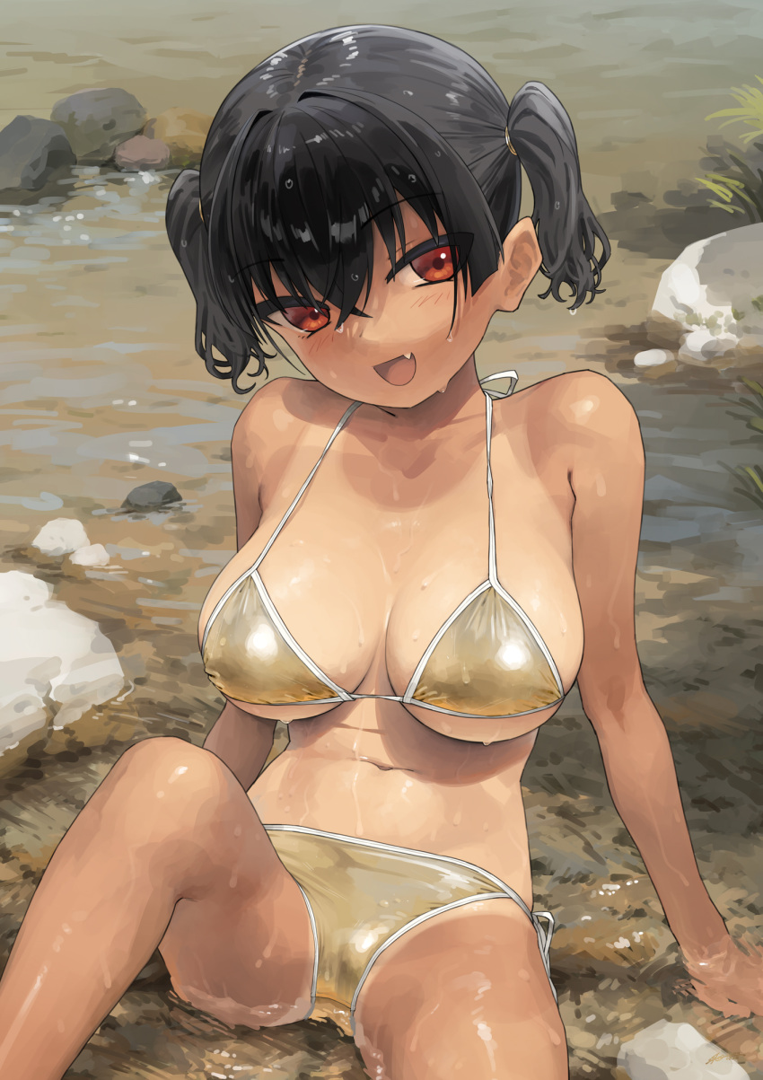 1girls :d arm_support artist_name bangs bathing bikini black_hair blush breasts cleavage collarbone cute_fang day female gold_bikini hair_between_eyes hair_tie halterneck huge_breasts kaedeko_(kaedelic) kanna_sasaki_(kaedeko) knee_up large_breasts looking_at_viewer navel oerba_yun_fang one-piece_tan open_mouth original outdoors partially_submerged red_eyes rock sassy shiny shiny_clothes shiny_hair shiny_skin short_hair short_twintails shortstack side-tie_bikini_bottom sideboob sitting smile solo string_bikini swimsuit tan tanlines twintails water wet wet_hair yellow_bikini