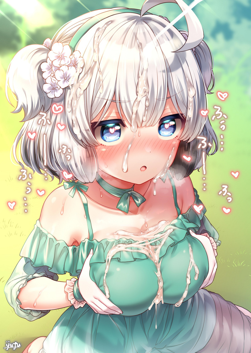 1girls :o after_ejaculation ahoge alternate_costume artist_name azur_lane black_hair blue_eyes blurry blurry_background blush breast_press breasts bukkake choker commentary_request cum dress female field flower grabbing_own_breast gradient_hair grass green_dress green_hairband green_ribbons grey_hair hair_flower hair_ornament hairband hands_on_own_breasts heart heart-shaped_pupils highres iron_blood_(azur_lane) large_breasts light-skinned_female light_skin multicolored_hair off-shoulder_dress off_shoulder official_alternate_costume open_mouth outdoors paid_reward_available ribbon ribbon_choker short_hair signature sitting smile solo spaghetti_strap spoken_heart symbol-shaped_pupils translated two_side_up wariza yufukiri z28_(azur_lane) z28_(sylvan_celebration)_(azur_lane)