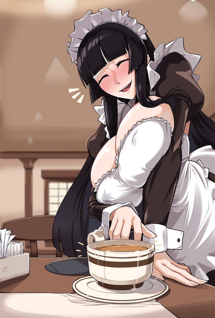 1girls black_hair blunt_bangs blush breasts camerata cleavage closed_eyes coffee female hime_cut huge_breasts iced_latte_with_breast_milk kaguya_jinguu lactating lactating_nipples lactation lactation_through_clothes large_breasts long_hair maid open_mouth pov sagging_breasts serving sexually_suggestive smile solo suggestive under_night_in-birth voluptuous