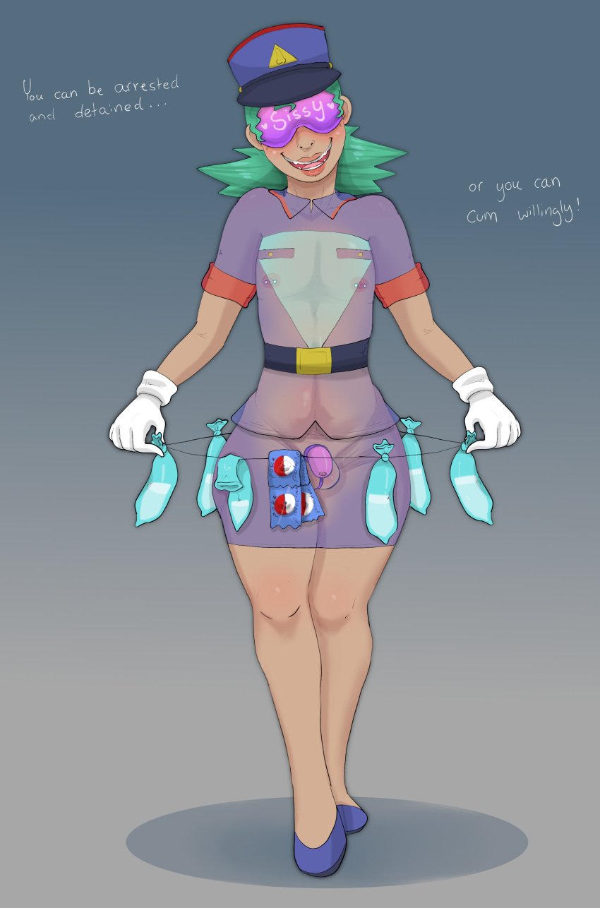 2023 absurd_res artist_signature blindfold chastity_cage commission cosplay digital_media_(artwork) green_hair light_skin lila_lovestar_(sinfulwalpurrgis) mortimer_todd nintendo nipple_piercing officer_jenny_(cosplay) original piercing pokemon sissy skirt_lift transparent_clothing uncensored