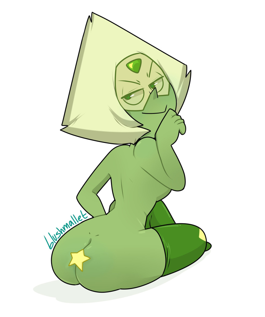 1girls alien alien_girl alien_humanoid artist_name ass back back_view blonde_hair blushmallet breasts cartoon_network clothes clothing eyewear female forehead_jewel from_behind full_body gem_(species) green_body green_clothing green_skin hair hand_to_own_mouth heart-shaped_pupils hi_res humanoid legwear looking_back nude nude_female peridot_(steven_universe) rear_view short_hair simple_background sitting small_breasts smile smiling smug solo steven_universe thighhighs thighs tinted_eyewear visor white_background