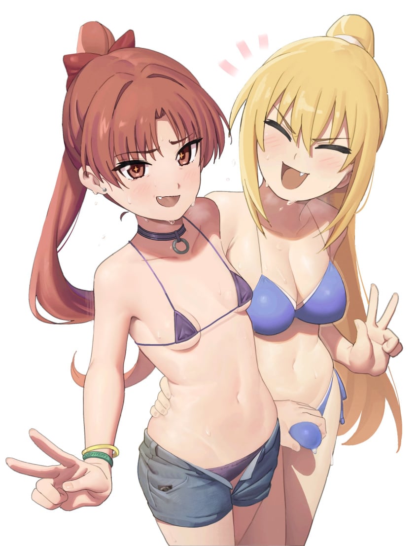 1futa 1girls alternate_hairstyle belly blonde_hair blush bra bracelet breasts brown_hair cleavage closed_eyes clothed clothing collar covered_nipples covered_pussy covering covering_crotch cute_fang difference different_breast_sizes duo erection eyebrows_visible_through_hair eyes_closed female flat_chest flat_chested frip futa_on_female futanari hand_on_penis high-angle_view holding holding_belly holding_partner holding_penis holding_waist human large_breasts light-skinned_female light-skinned_futanari light_skin long_hair looking_at_viewer mostly_nude navel open_mouth peace_sign penis ponytail red_eyes red_hair ribbon shirai_kuroko shokuhou_misaki short_shorts simple_background slim slim_waist small_breasts smile standing sweat sweatdrop sweating sweaty swimsuit teenage_couple teenage_futa teenage_girl teenager teenager_on_teenager thin_waist to_aru_kagaku_no_railgun to_aru_majutsu_no_index v_sign waist white_background
tiny_breasts yellow_hair