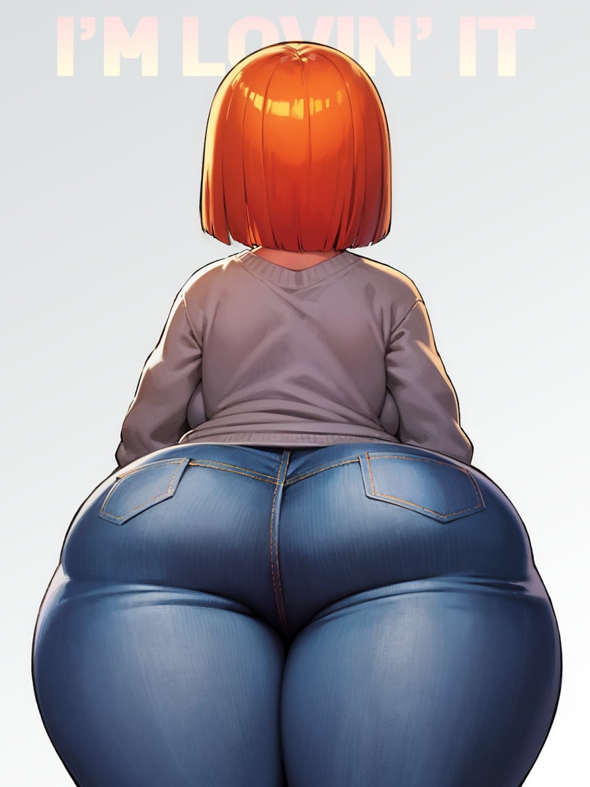 1girls ai_generated ass backboob big_ass big_breasts boylurker breasts english_text female female_only fully_clothed huge_ass jeans mature_female mcdonald's medium_hair milf mom_(japanese_mcdonald's_commercial) neolurker orange_hair pants solo standing sweater text voluptuous yoru_mac