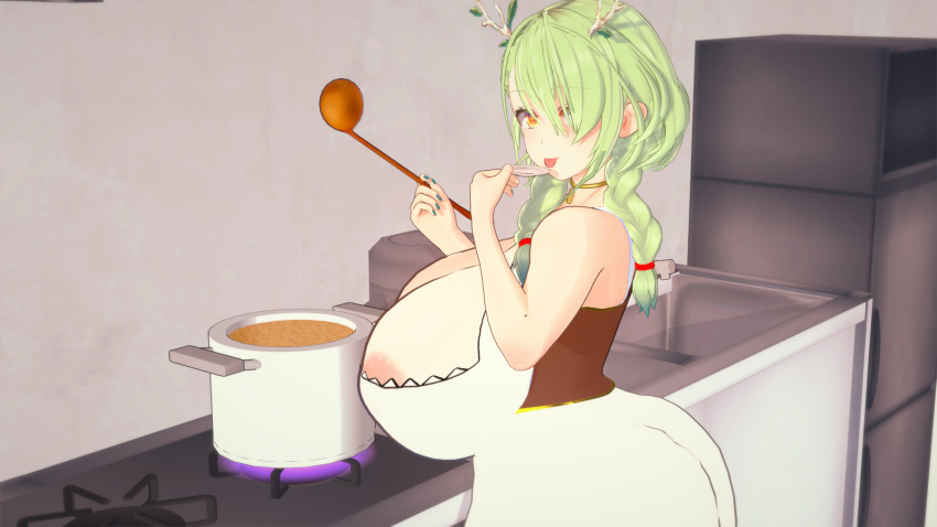 1girls 3d apron areolae braids breasts breasts_bigger_than_head ceres_fauna cooking deer_horns female green_eyes green_hair hololive hololive_english hololive_english_-council- hololive_english_-promise- huge_ass huge_breasts indoors kitchen kitchen_utensils koikatsu ladle looking_at_viewer painted_fingernails tasting virtual_youtuber