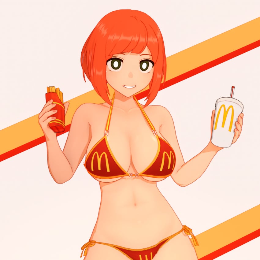 1girls anna_anon big_breasts bikini black_eyes breasts busty cleavage female female_only food french_fries highres large_breasts legs looking_at_viewer mature mature_female mature_woman mcdonald's milf mom_(japanese_mcdonald's_commercial) navel orange_hair red_bikini short_hair smile soda solo swimsuit thighs voluptuous yoru_mac