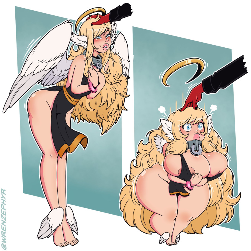 angel angel_wings ass_expansion bimbo bimbo_lips bimbofication breast_expansion female hair_growth high_heels huge_ass huge_breasts lip_expansion mass_redistribution shortstack shortstackification thick_lips thick_thighs thigh_expansion transformation wide_hips wrenzephyr2