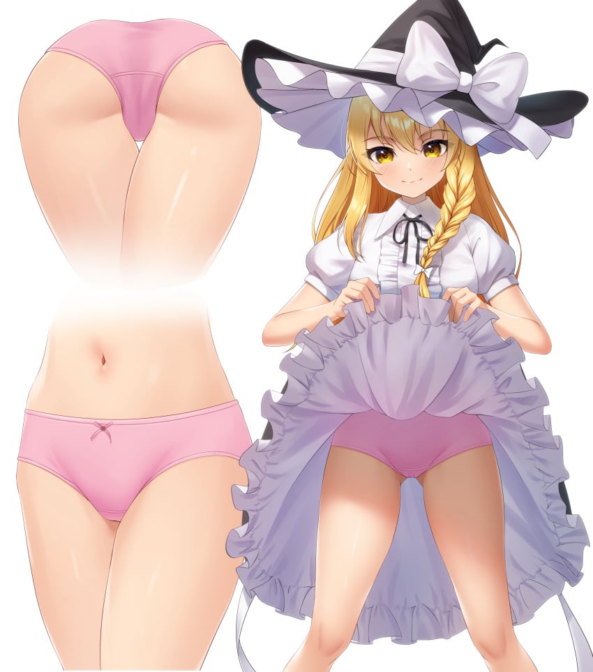 absurdres black_headwear black_skirt blonde_hair blush bow braid butt closed_mouth clothes_lift collared_shirt commission female frilled_skirt frills hat hat_bow highres kirisame_marisa lifted_by_self long_hair marisa_kirisame multiple_views navel panties petticoat pink_panties pixiv_commission puffy_short_sleeves puffy_sleeves shirt short_sleeves simple_background single_braid skirt skirt_lift smile touhou tsunenorip underwear white_background white_bow white_shirt witch_hat yellow_eyes