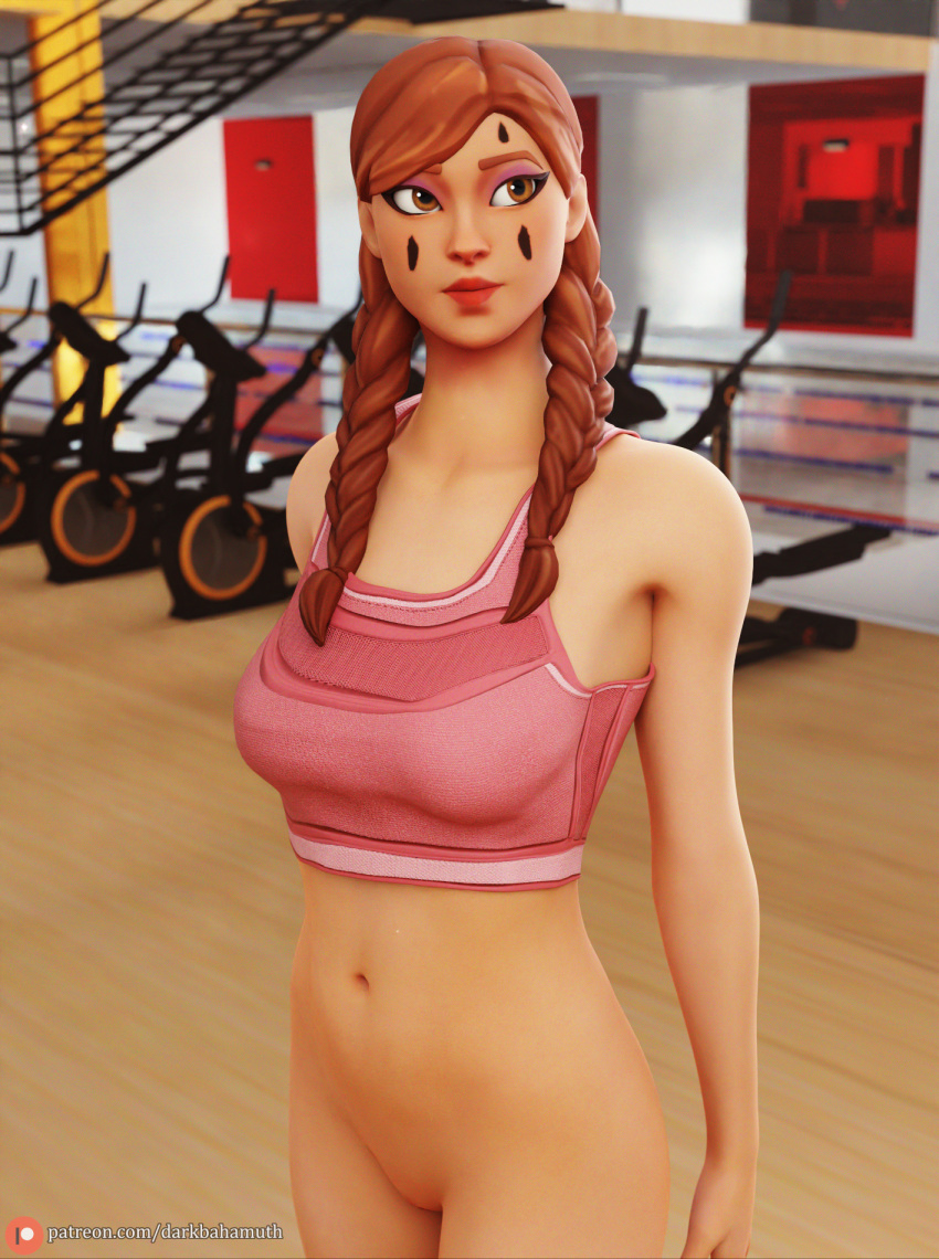 1girls 3d asian asian_female aura_(fortnite) belly_button bottomless braid darkbahamuth facepaint female fortnite ginger gym gym_uniform looking_away pinup pussy red_lipstick sports_bra thin_female thin_waist video_games