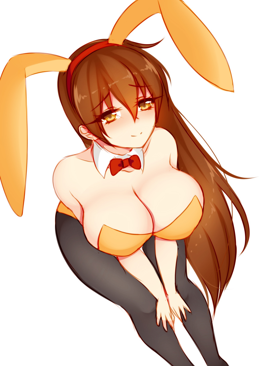 aki_(somegu) animal_ears big_breast big_breasts bowtie bowtie_collar brown_hair brown_hair_female bunny_costume bunny_ear bunny_ears bunny_girl bunny_tail bunnygirl bunnysuit foxykuro huge_breast huge_breasts large_breast large_breasts long_brown_hair long_hair_female somegu yellow_eyes