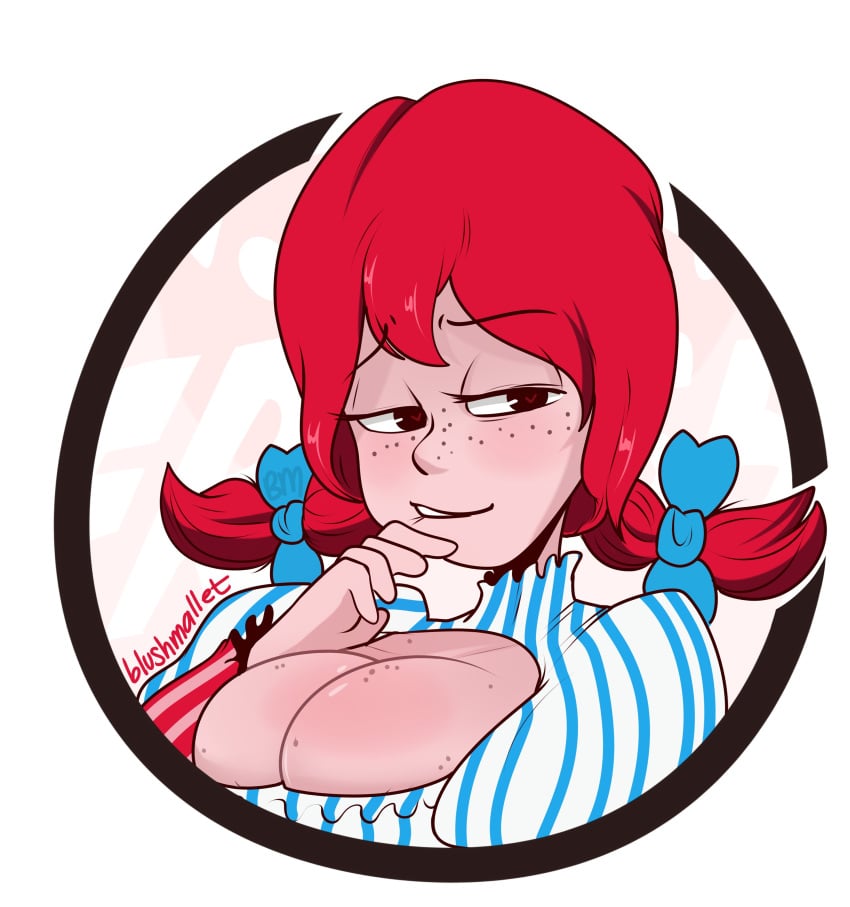 2d bedroom_eyes big_breasts biting_lip biting_own_lip blushmallet breasts cleavage freckles freckles_on_breasts freckles_on_face highres red_hair smug_grin solo thinking wendy's wendy_thomas