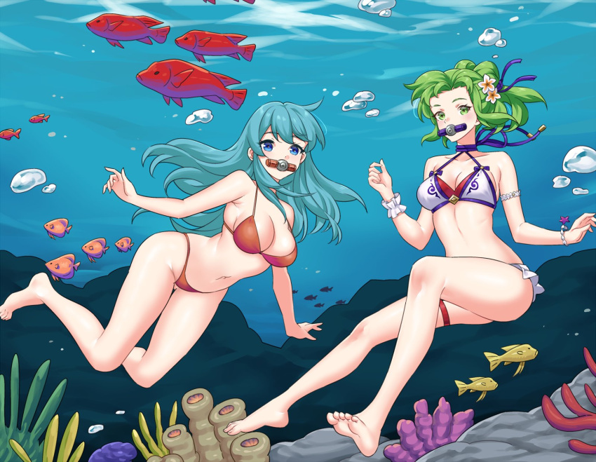 2girls alternate_costume aqua_hair bare_legs barefoot bikini blue_eyes breasts bubble cleavage commission coral eirika_(fire_emblem) eirika_(summer)_(fire_emblem) female female_only fire_emblem fire_emblem:_the_sacred_stones fire_emblem_heroes fish green_eyes green_hair highres igni_tion l'arachel_(fire_emblem) l'arachel_(summer)_(fire_emblem) large_breasts medium_breasts multiple_girls nintendo ocean official_alternate_costume outdoors red_bikini red_swimsuit scuba_gear swimming swimsuit underwater white_bikini white_swimsuit