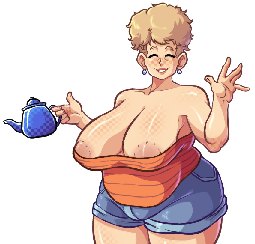 big_breasts blonde_hair breasts_almost_out curvy_female dragon_ball dragon_ball_z huge_breasts jean_shorts looking_at_viewer milf panchy panchy_(dragon_ball) panchy_briefs spartandoodles thick_thighs waving