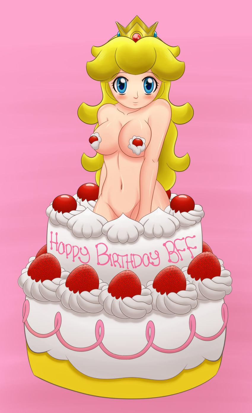 blush cake_stripper convenient_censoring happy_birthday jumping_out_of_a_cake lentendoodle mario_(series) nintendo nude popping_out_of_cake princess_peach shy super_mario_64