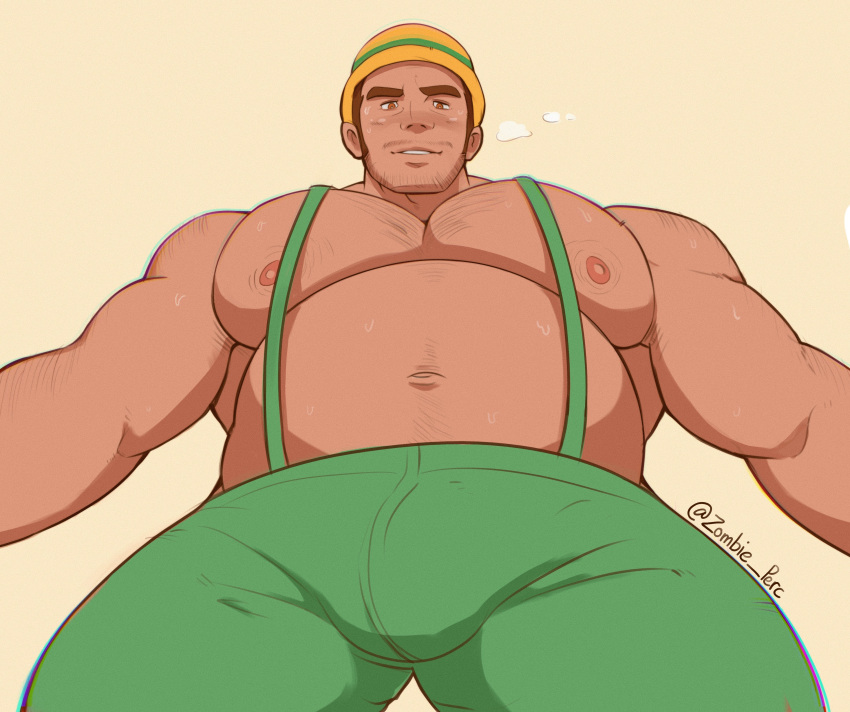 balls blush bulge hard_hat looking_down low-angle_view male male_only muscles muscular nintendo npc_trainer overalls penis pokemon solo solo_male sweat sweating worker_(pokemon) zombie_perc