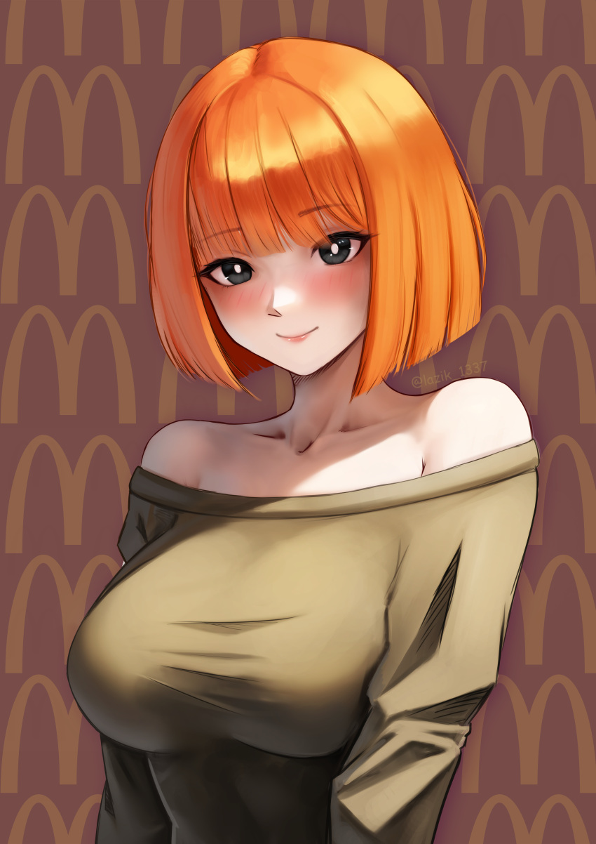 1girls alternate_breast_size big_breasts blush bob_cut breasts busty curvaceous curvy curvy_female curvy_figure female female_only lazik_1337 mcdonald's milf mom_(japanese_mcdonald's_commercial) mother orange_hair red_head smile smiling solo voluptuous yoru_mac