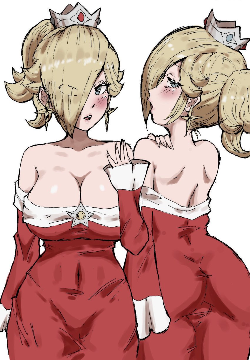 1girls alternate_costume alternate_hairstyle ass big_ass big_breasts blonde_hair blue_eyes blush breasts busty cleavage covered_navel dress fire_rosalina hair_over_one_eye highres large_breasts long_hair looking_back mario_(series) nintendo open_mouth ponytail princess_rosalina sensual smile super_mario_3d_world yamino_ekakinin