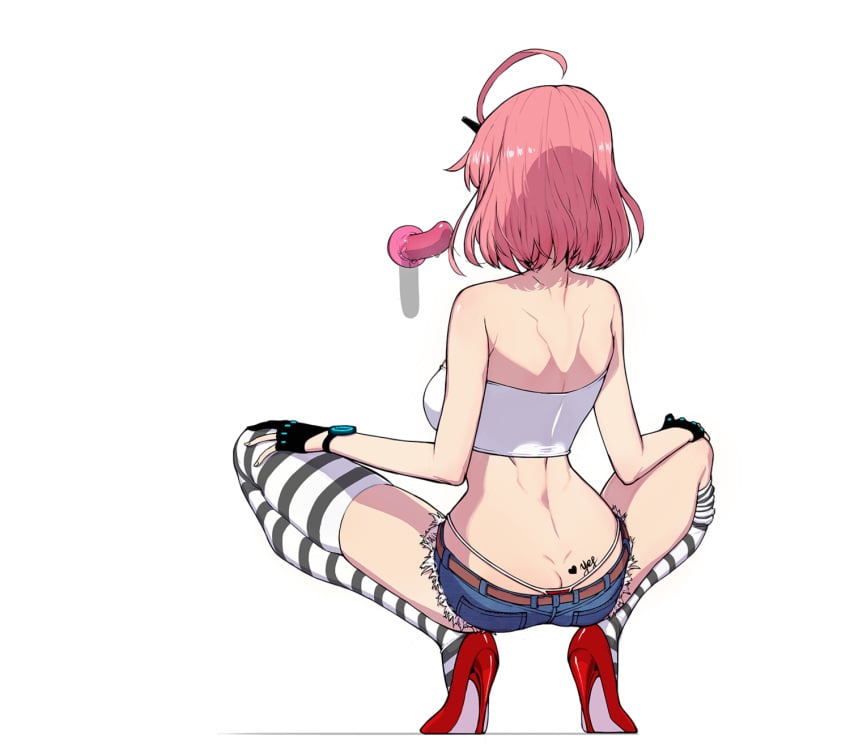 1girls ass ass_tattoo back bad_id bad_pixiv_id bare_arms bare_shoulders butt_crack counter:side cowlick crop_top deliciousmeatart dildo faceless_female facing_away female g-string gloves heart high_heels highres korean_commentary partially_fingerless_gloves pink_hair red_footwear saliva sex_toy shadow short_hair short_shorts shorts simple_background solo spread_legs squatting striped striped_thighhighs sylvia_lena_cooper thighhighs thighs thong thong_above_shorts whale_tail_(clothing) white_background