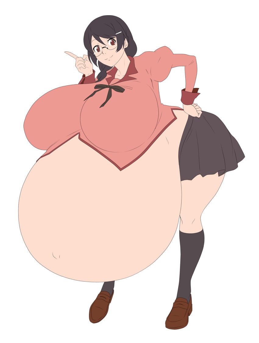 2d bakemonogatari breasts_bigger_than_head female hanekawa_tsubasa huge_breasts hyper hyper_pregnancy looking_at_viewer monogatari_(series) pregnant ready_to_pop saburox solo