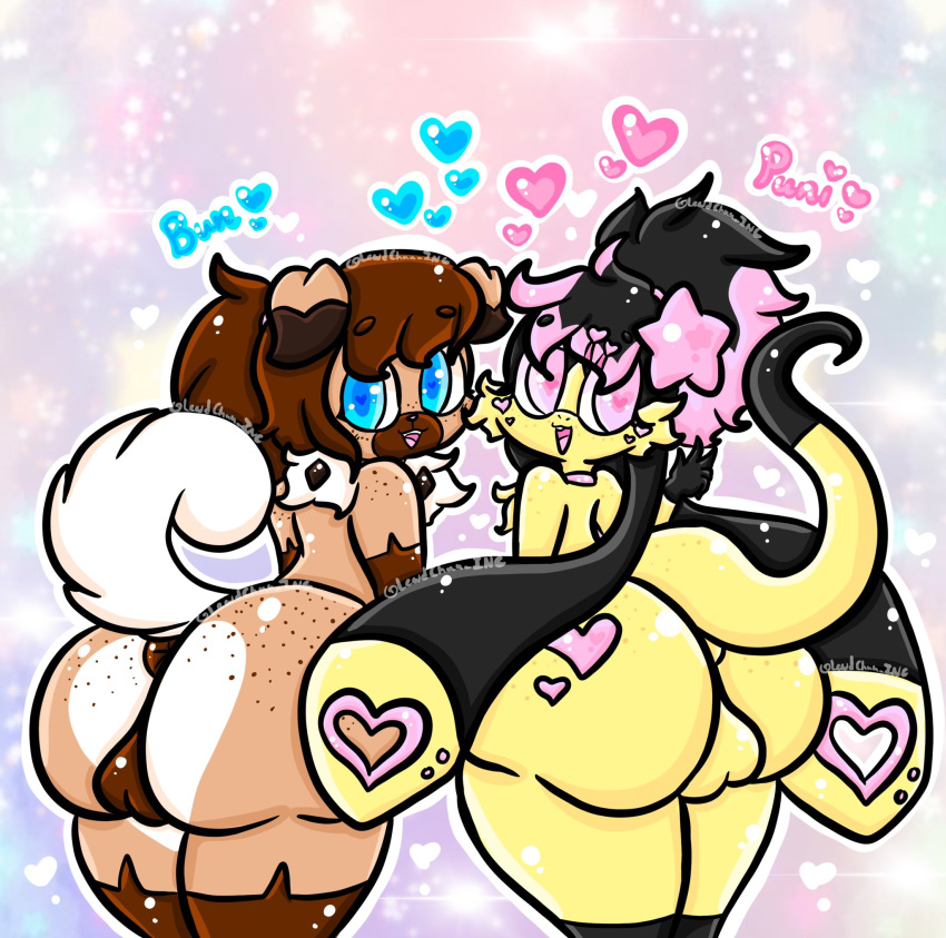 anthro ass balls big_butt black_hair blue_eyes brown_body brown_hair duo female generation_6_pokemon generation_7_pokemon genitals hair heart helioptile hi_res lewdchuu_(artist) nintendo pink_eyes pokemon pokemon_(species) puni_(lewdchuu) rockruff star tail yellow_body