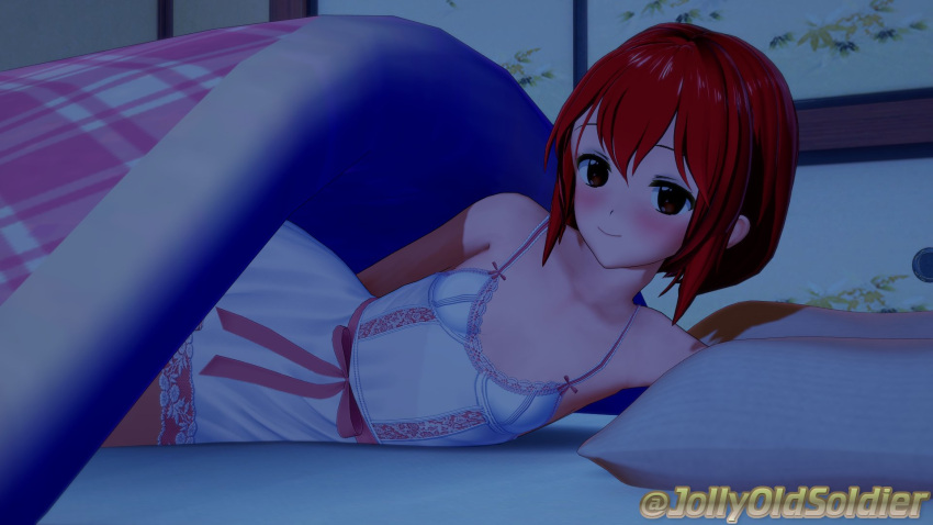 1girls 3d babydoll bed bedroom bedroom_eyes blush breasts female female_only fire_emblem fire_emblem:_mystery_of_the_emblem fire_emblem:_shadow_dragon_and_the_blade_of_light indoors inviting inviting_under_covers jollyoldsoldier maria_(fire_emblem) night nightgown nintendo on_side pillow red_eyes red_hair short_hair small_breasts smile solo under_covers white_nightgown