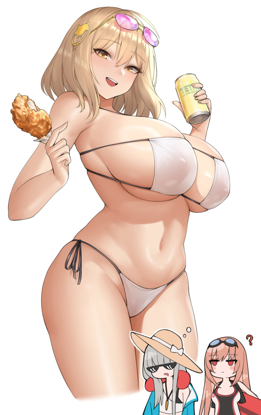 3girls ? absurdres ahoge anis_(nikke) anis_(sparkling_summer)_(nikke) bare_shoulders bikini black_one-piece_swimsuit blonde_hair blush_stickers breast_envy breast_focus breasts can cat_hair_ornament chibi chibi_inset commentary cropped_legs eyepatch_bikini eyewear_on_head female food fried_chicken frima_(nikke) frima_(sea_of_sloth)_(nikke) goddess_of_victory:_nikke goggles goggles_on_head hair_ornament hat highres holding holding_can holding_food huge_breasts jacket kurone_rinka kuronerinka light_brown_hair looking_at_viewer multiple_girls official_alternate_costume one-piece_swimsuit open_clothes open_jacket open_mouth pink-tinted_eyewear rapi_(classic_vacation)_(nikke) rapi_(nikke) red_eyes simple_background smile string_bikini sun_hat sunglasses swimsuit teeth thighs tinted_eyewear underboob upper_teeth_only white_background white_bikini