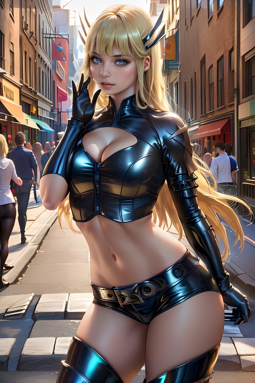 1girls 2023 ai_anatomy ai_clothes ai_generated ai_hands armwear big_breasts black_clothes black_clothing black_legwear black_shorts blonde_hair blue_eyes breasts busty cleavage curvy dat_ass detailed detailed_background female female_only hourglass_figure human human_only illyana_rasputin large_breasts latex legwear light-skinned_female light_skin long_hair looking_back magik_(illyana_rasputin) marvel new_mutants realistic shorts solo solo_female stable_diffusion voluptuous x-men