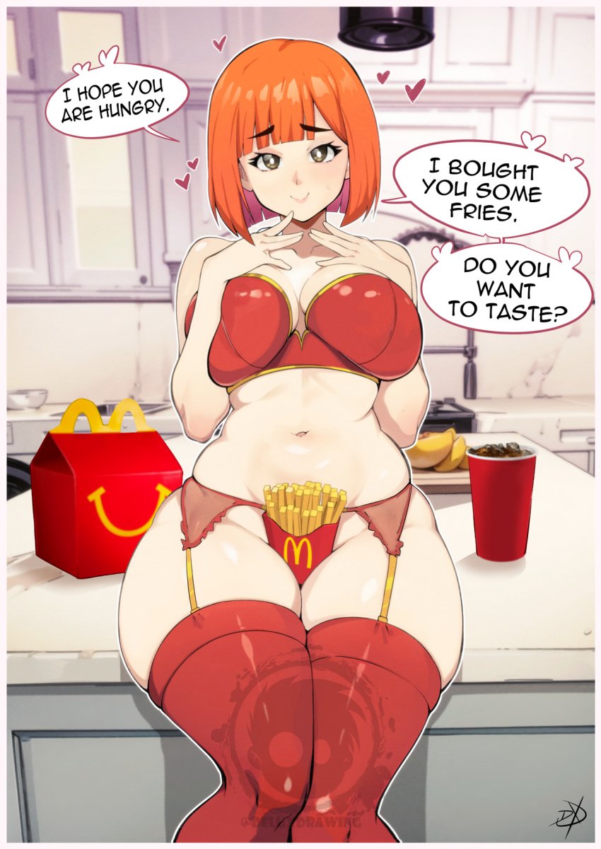 1girls alternate_breast_size artist_name big_breasts blunt_bangs blush bob_cut breasts bright_pupils brown_eyes busty come_hither commentary cup curvy delux disposable_cup english_commentary english_text female female_only food french_fries happy_meal hi_res indoors large_breasts looking_at_viewer mature mature_female mature_woman mcdonald's milf mom_(japanese_mcdonald's_commercial) navel orange_hair plump red_thighhighs sensual short_hair smile solo speech_bubble thick_thighs thighhighs thighs white_pupils yoru_mac