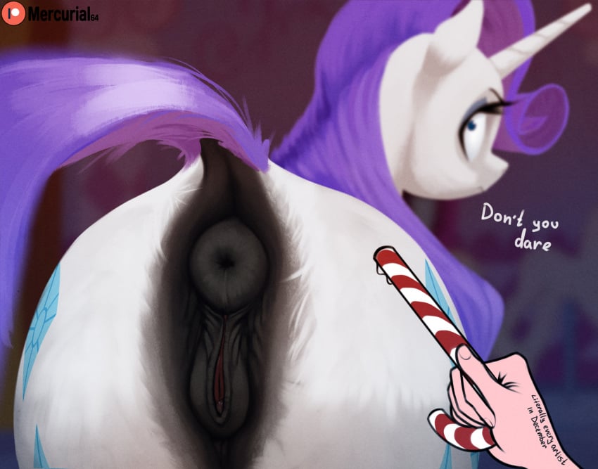 1girls 2023 2d ambiguous_gender angry angry_face anus ass big_ass blue_eyes candy_cane christmas cutie_mark english_text equid equine equine_pussy eyelashes female feral friendship_is_magic horn imminent_insertion looking_at_viewer mercurial64 my_little_pony no_penetration patreon patreon_logo patreon_username puffy_anus pussy rarity_(mlp) saliva text unicorn unicorn_horn white_body white_fur