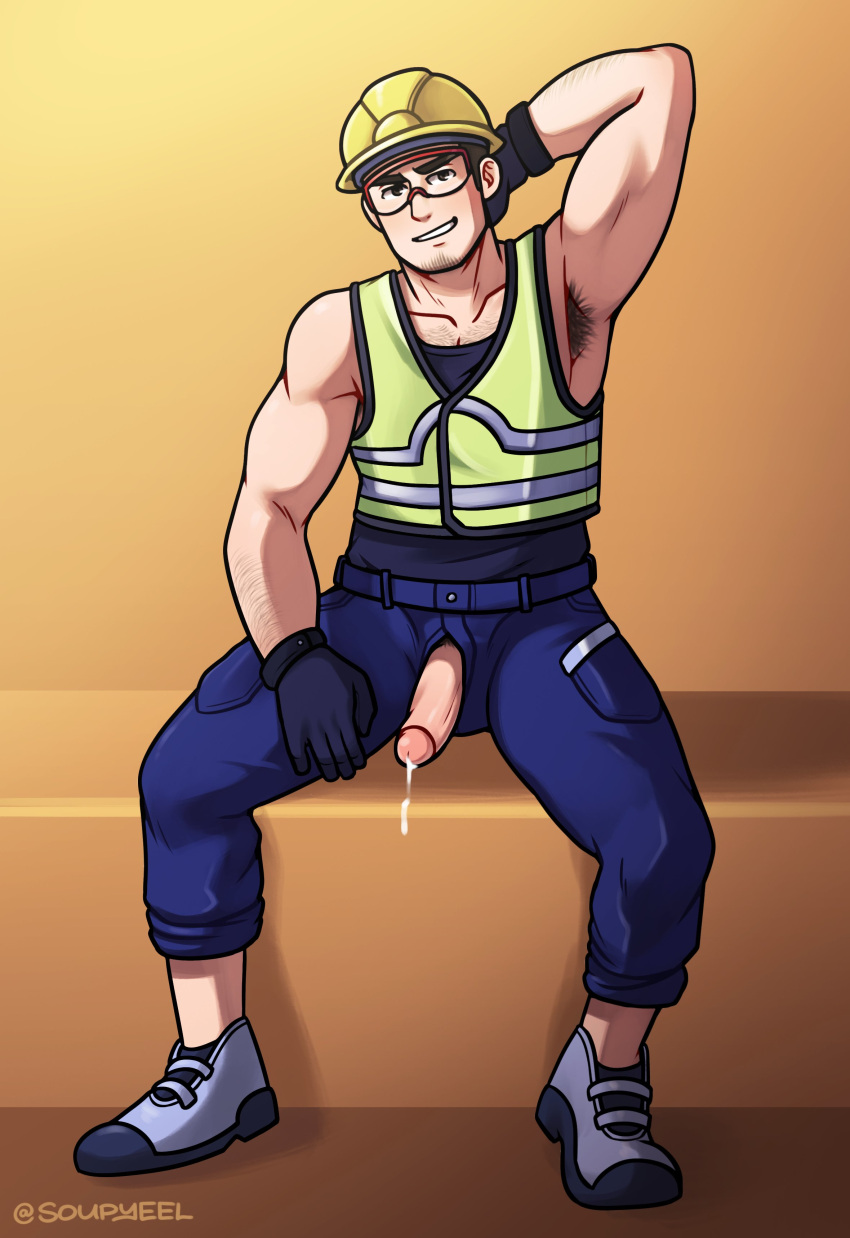 armpit_hair balls boner erection hand_behind_head hard_hat male male_only muscles muscular nintendo npc_trainer penis penis_out penis_through_fly pokemon sitting solo solo_male soupyeel worker_(pokemon)